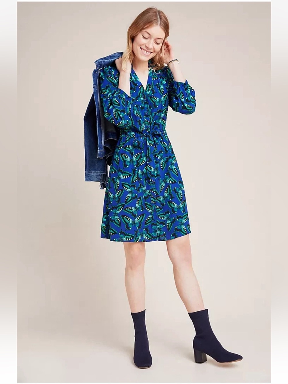 Anthropologie Maeve Pippa Butterfly Blue Shirt Dress in Size Extra Small